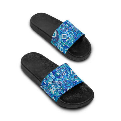 Women's Slide Sandals - No. 262 - Blue, Navy & White Geometric Abstract - By Irish Artist Fiona de Lacy