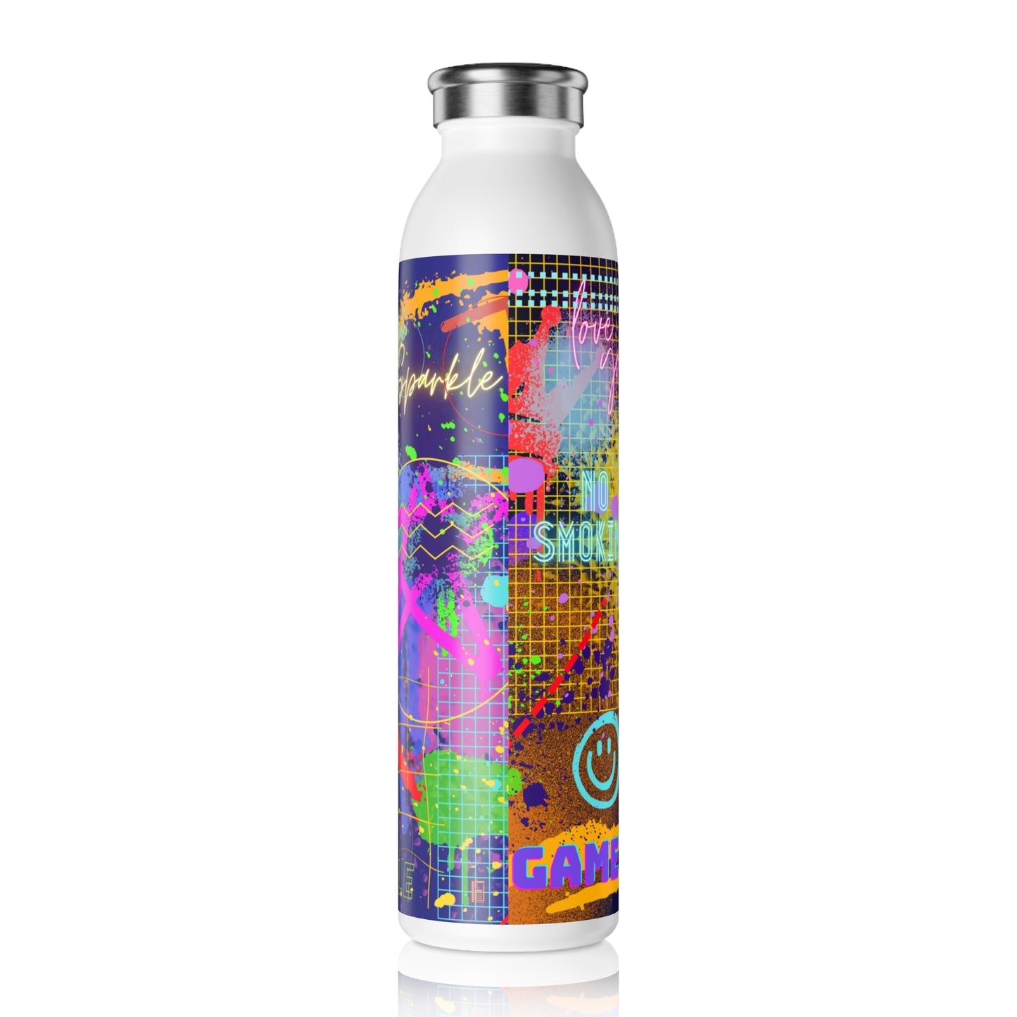 Slim Water Bottle - No. 232 - Multicoloured Graffiti 'Glow' - By Irish Artist Fiona de Lacy