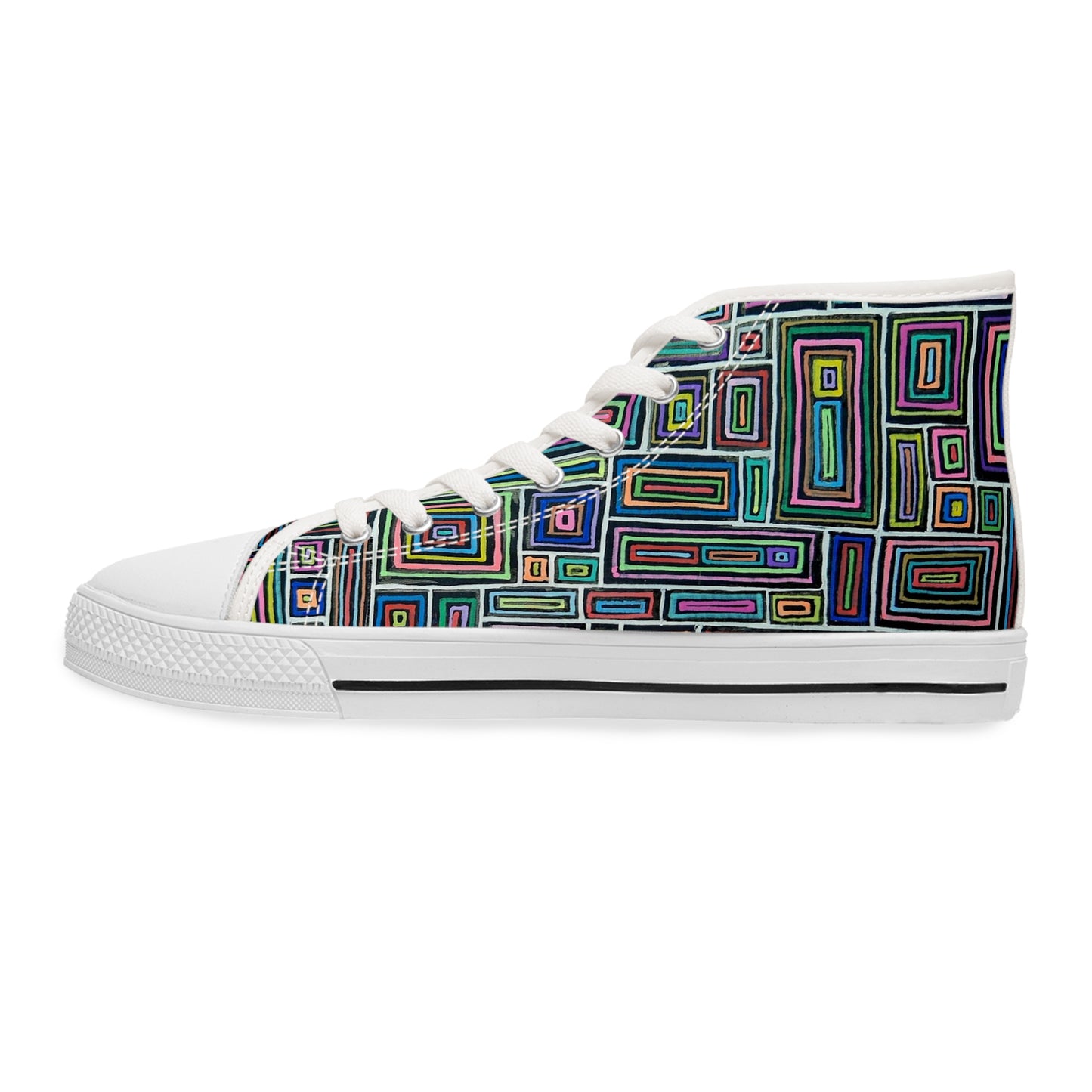 Women's High Top Sneakers - No. 253 - Multicoloured Rectangles on Black - By Irish Artist Fiona de Lacy