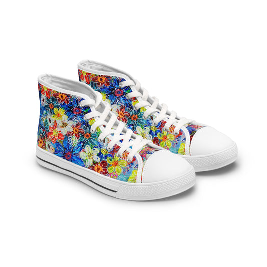 Women's High Top Sneakers, No. 242 Large Blue Flowers, Multicoloured - By Irish Artist Fiona de Lacy