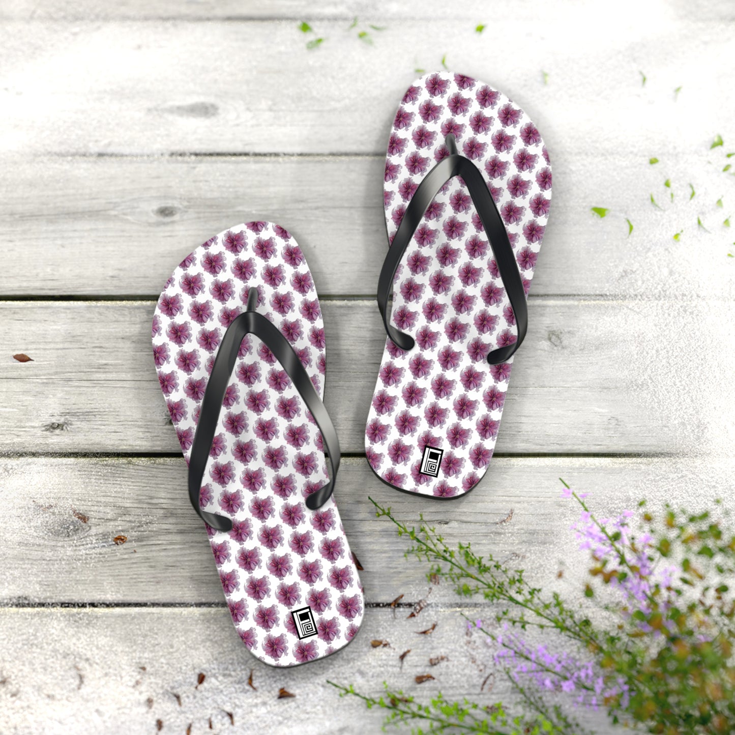 Flip Flops - No. 269 - Purple Pink Flower on White - By Irish Artist Fiona de Lacy