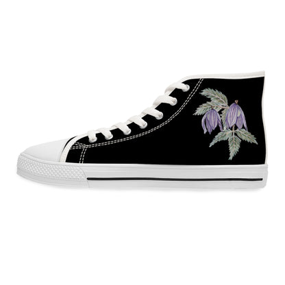 Women's High Top Sneakers - No. 270 - Purple Drop Flower on Black - By Irish Artist Fiona de Lacy