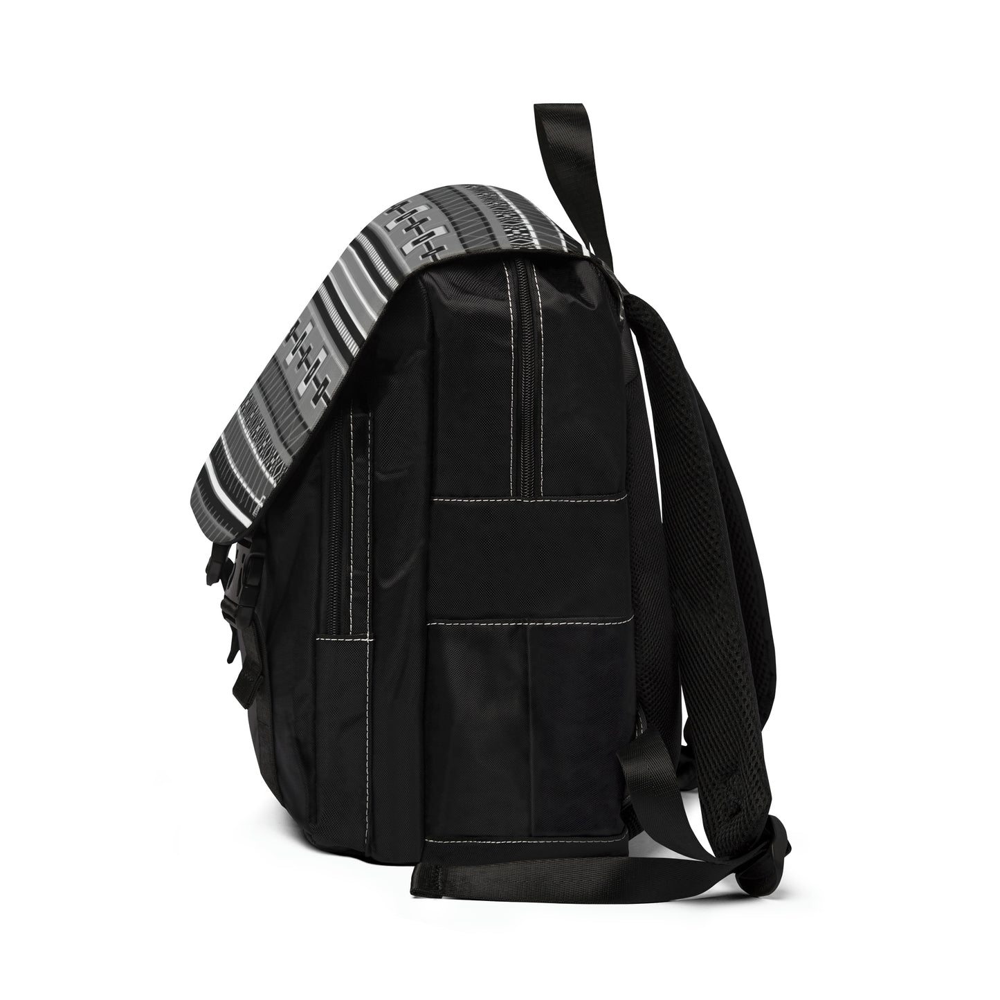 Casual Shoulder Backpack,  No. 298 B Black, White and Grey Stripe -  By Irish Artist Fiona de Lacy