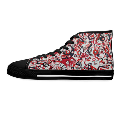 Women's High Top Sneakers - No. 276 - Geometric Abstract, Red, White & Black -  By Irish Artist Fiona de Lacy