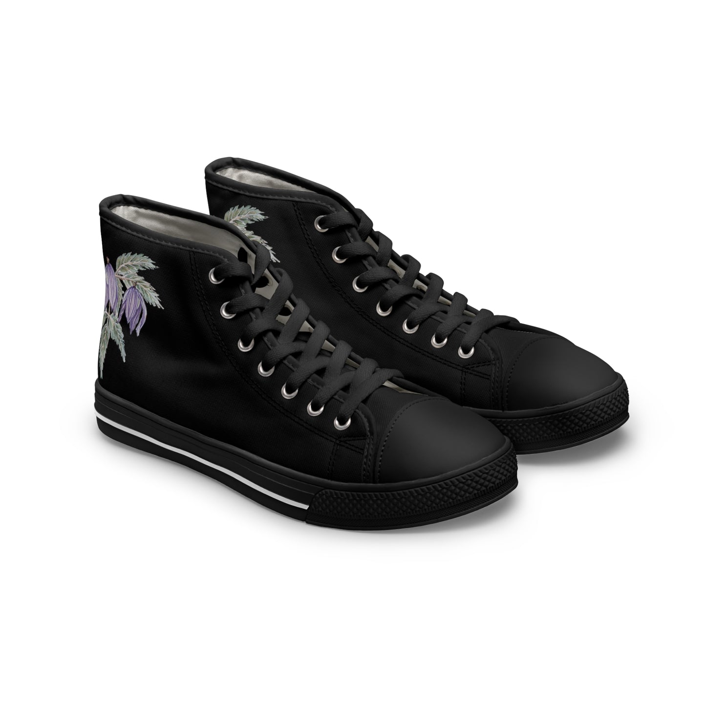 Women's High Top Sneakers - No. 270 - Purple Drop Flower on Black - By Irish Artist Fiona de Lacy