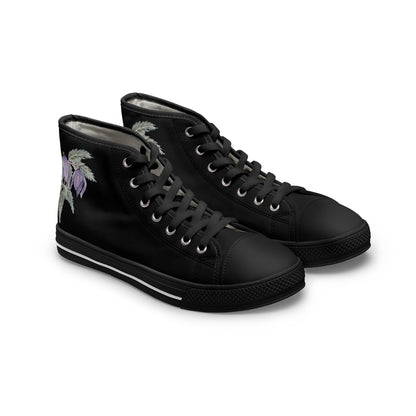 Women's High Top Sneakers - No. 270 - Purple Drop Flower on Black - By Irish Artist Fiona de Lacy