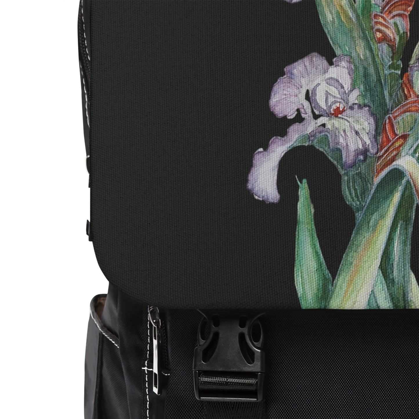 Casual Shoulder Backpack,  No. 272 Purple Orchid on Black -  By Irish Artist Fiona de Lacy