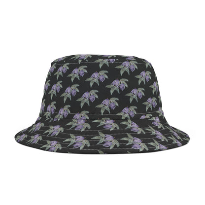 Bucket Hat  - No. 270 - Two Purple Drop Flowers on Black - By Irish Artist Fiona de Lacy