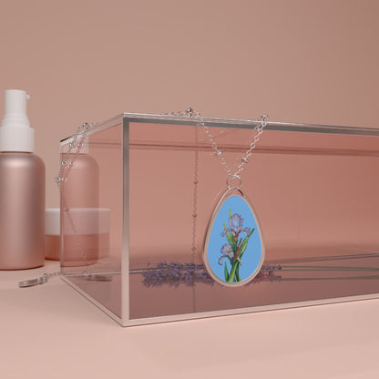 Oval Necklace - No. 272 - Purple Orchid on Blue - By Irish Artists Fiona de Lacy