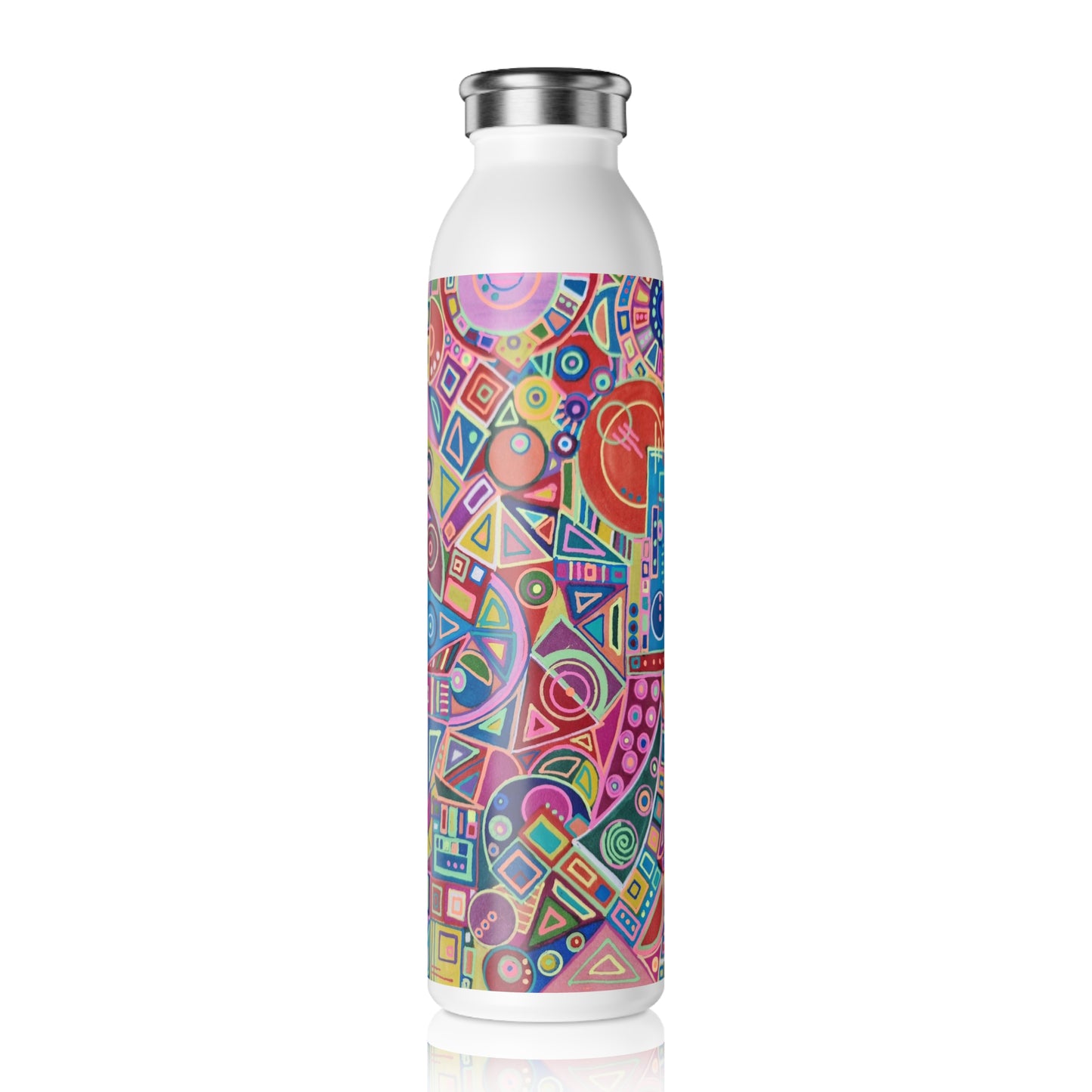 Slim Water Bottle - No. 266 - Multicoloured Geometric - By Irish Artist Fiona de Lacy