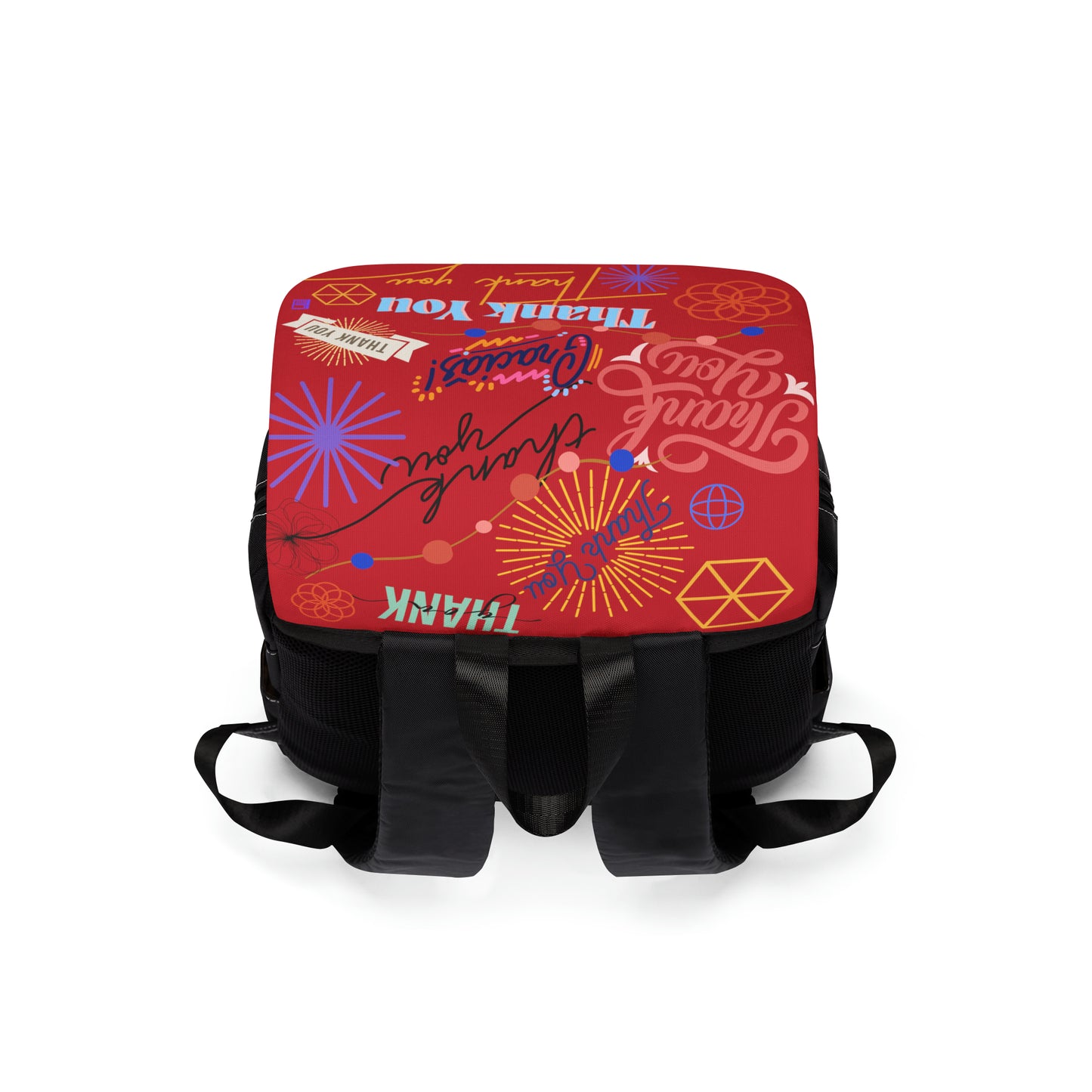 Casual Shoulder Backpack,  No. 312 - 'Thank You' on Red - By Irish Artist Fiona de Lacy