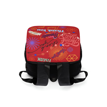 Casual Shoulder Backpack,  No. 312 - 'Thank You' on Red - By Irish Artist Fiona de Lacy