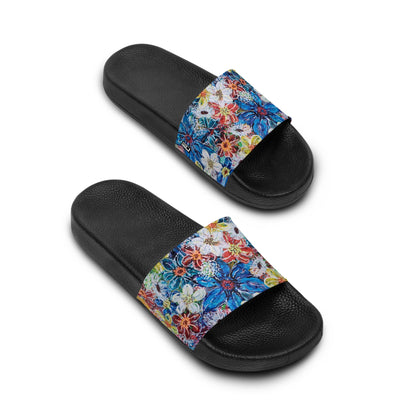 Women's Slide Sandals - No. 242 - Large Blue Flowers - By Irish Artist Fiona de Lacy