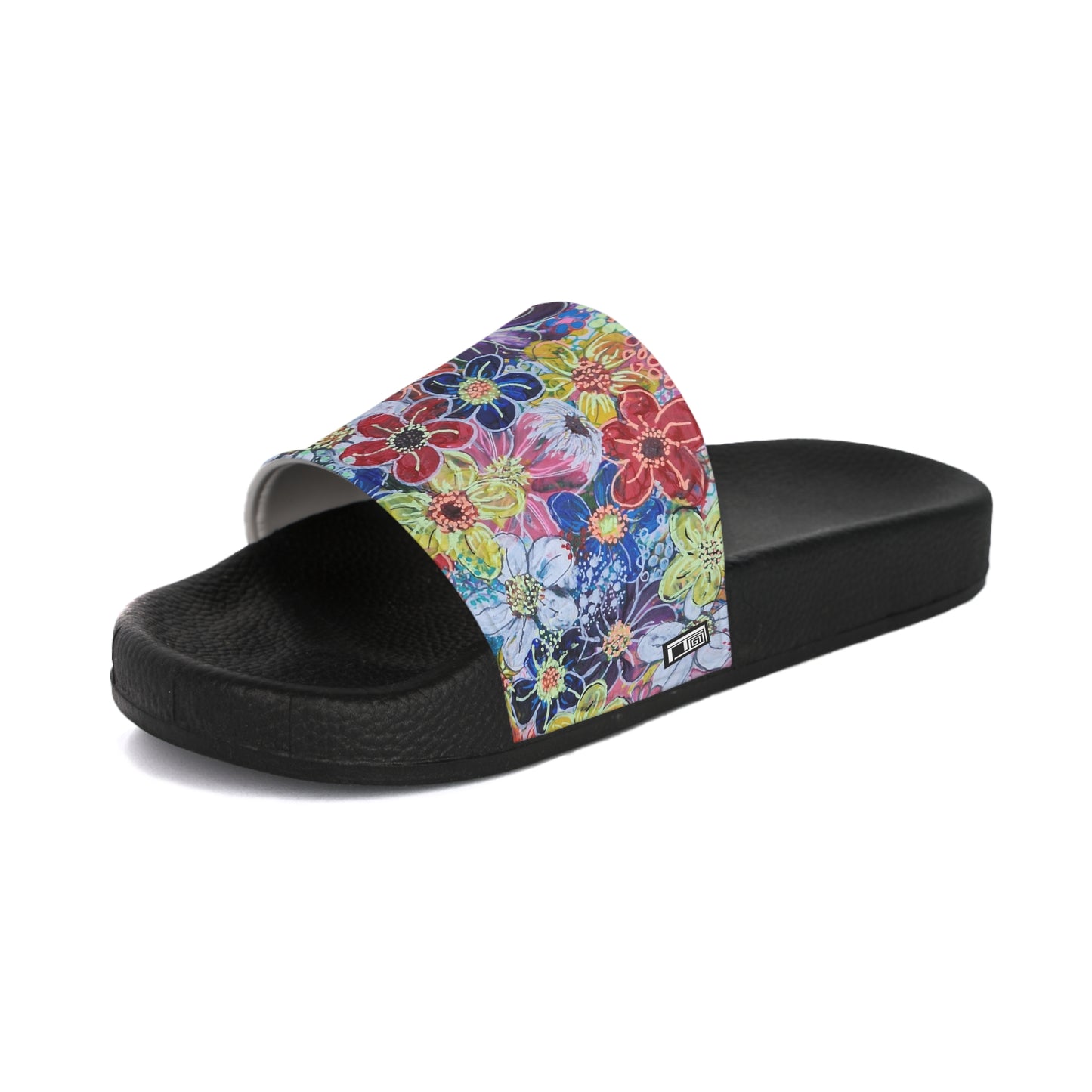 Women's Slide Sandals - No. 241 - Multicoloured Flowers on Pink - By Irish Artist Fiona de Lacy