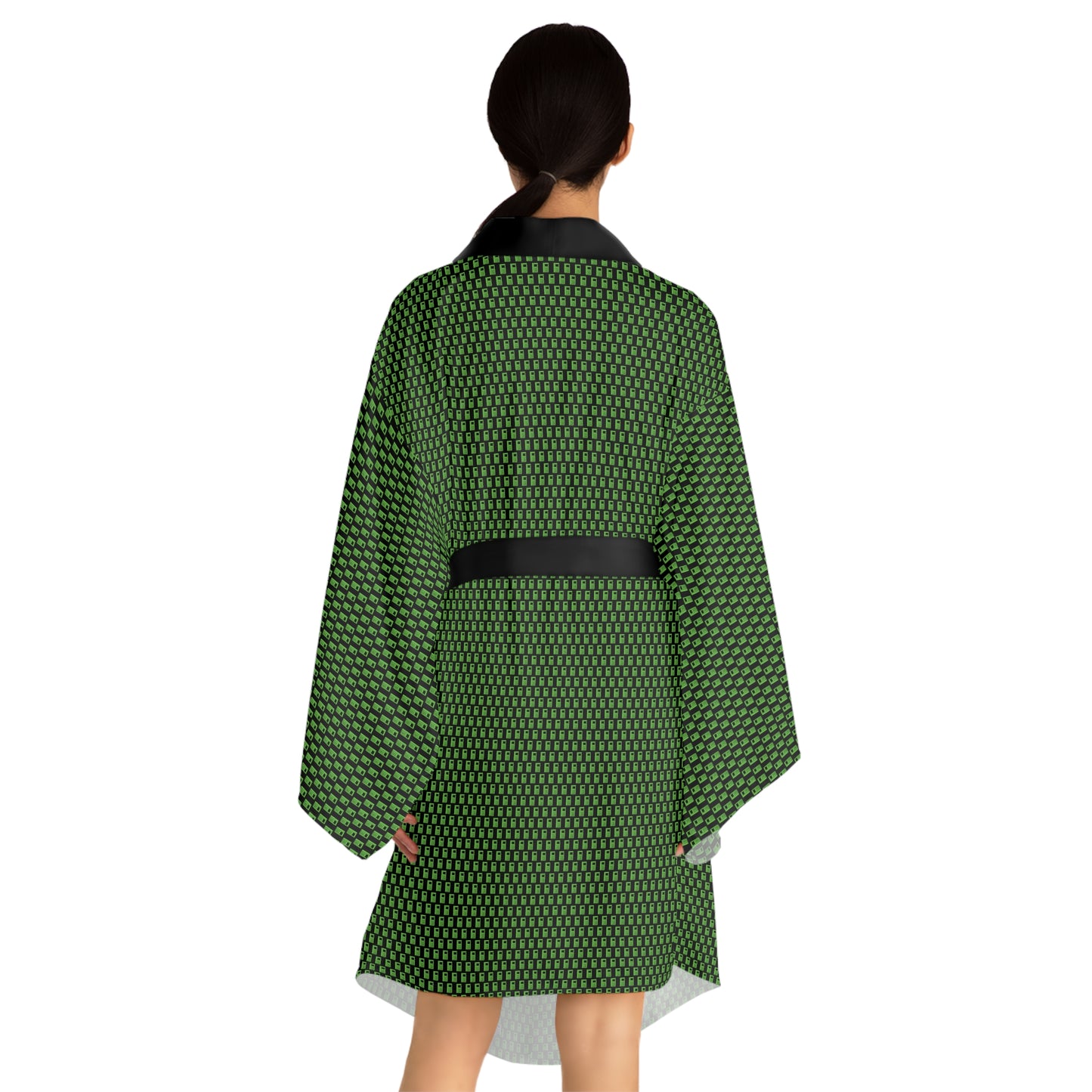 Long Sleeve Kimono Robe - No. 000GN - Green Logo on Black