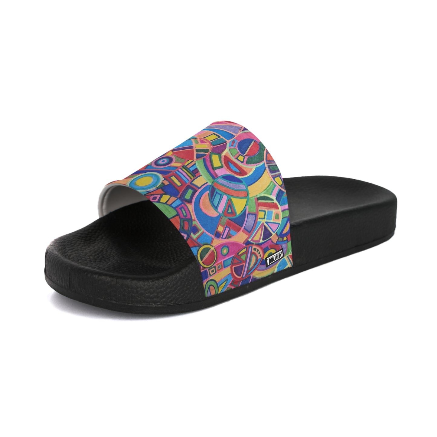 Women's Slide Sandals - No. 265 - Geometric Multicoloured Abstract - By Irish Artist Fiona de Lacy