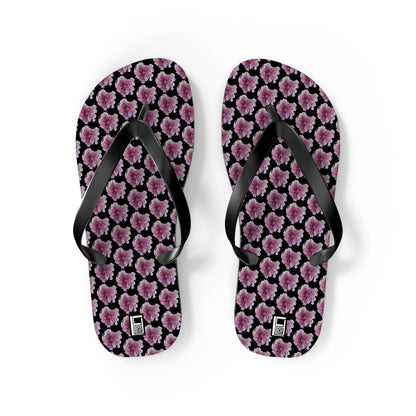 Flip Flops - No. 269 - Purple Pink Flower on Black - By Irish Artist Fiona de Lacy