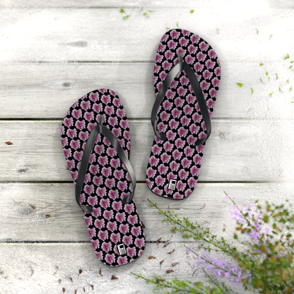 Flip Flops - No. 269 - Purple Pink Flower on Black - By Irish Artist Fiona de Lacy