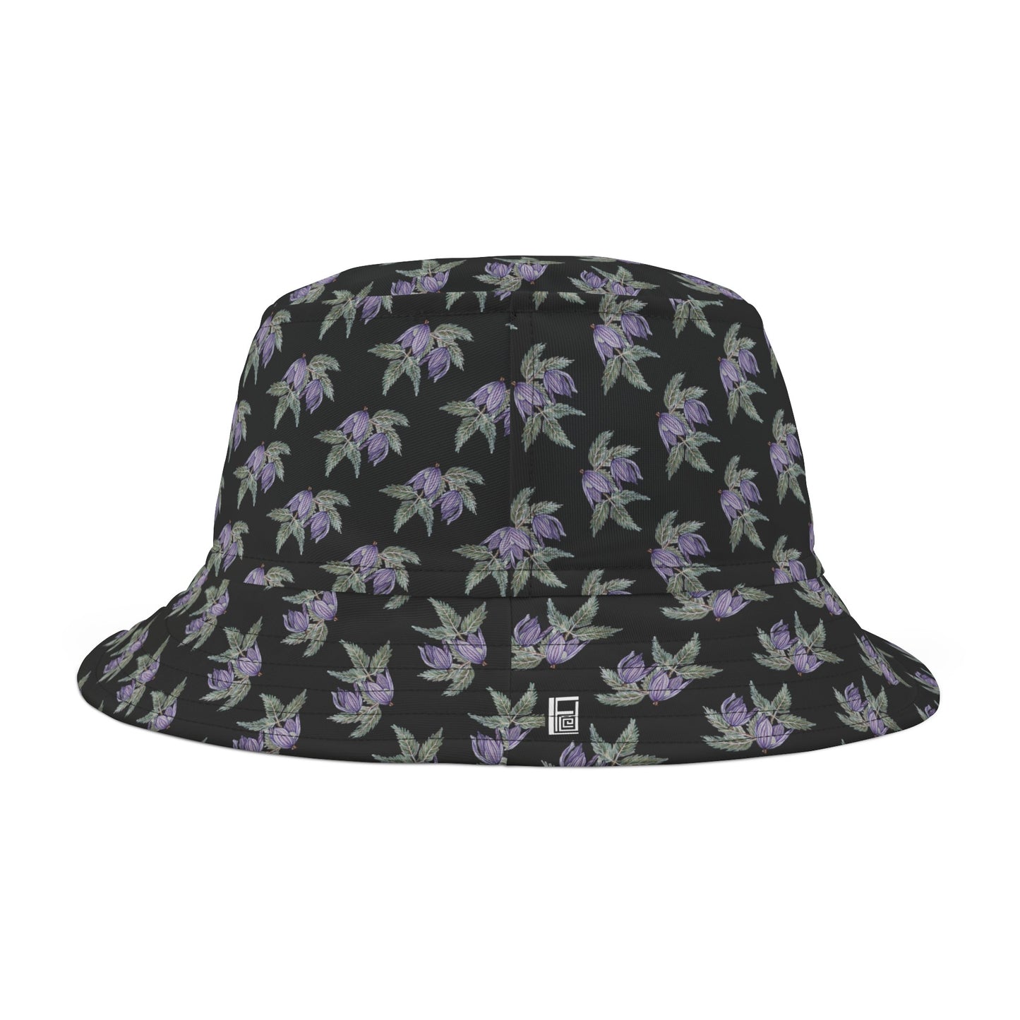 Bucket Hat  - No. 270 - Two Purple Drop Flowers on Black - By Irish Artist Fiona de Lacy