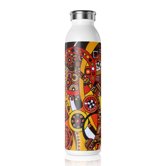 Slim Water Bottle - No. 222 'Clockworks' - By Irish Artist Fiona de Lacy - Brown, Red, Orange, Yellow, Black, White