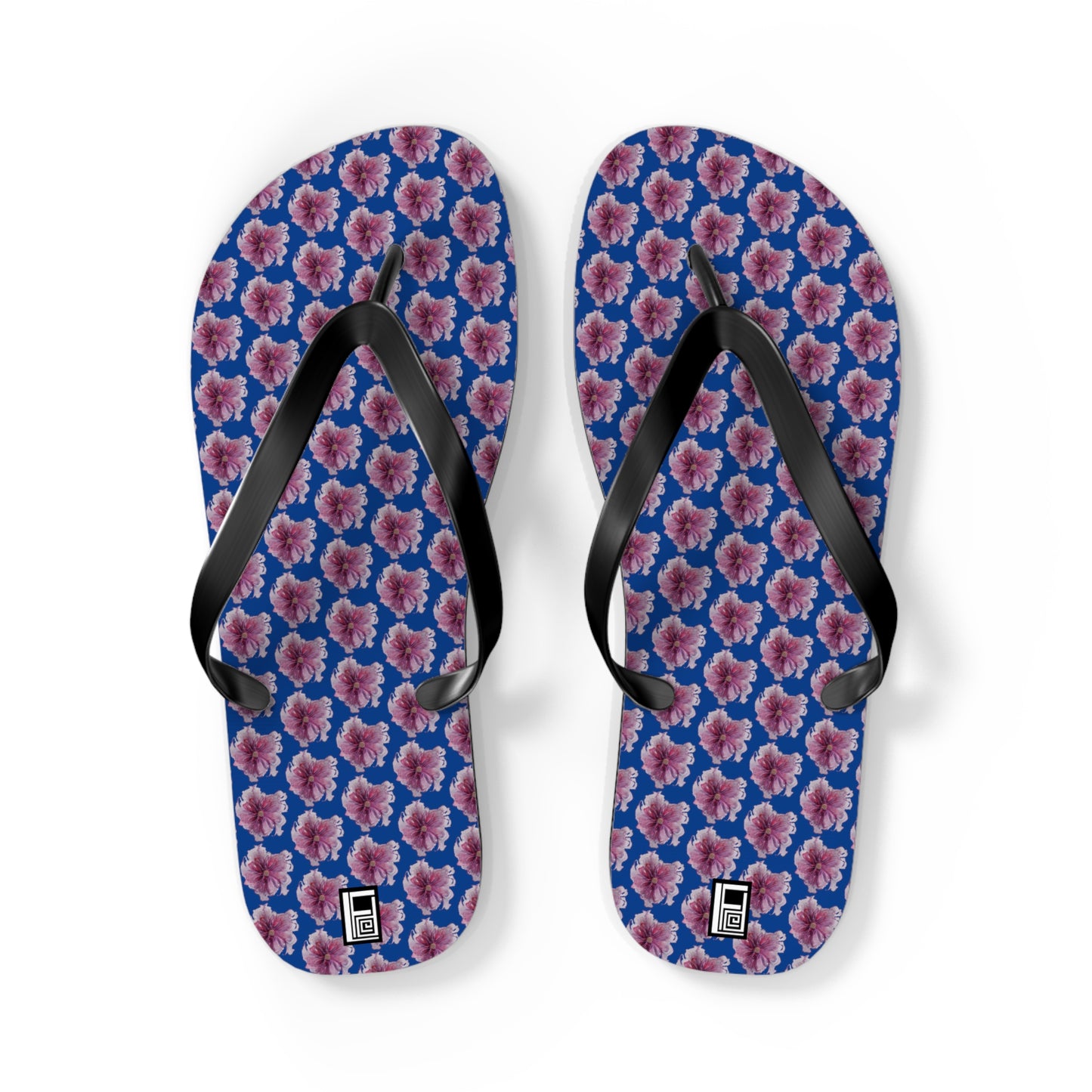 Flip Flops - No. 269 - Purple Pink Flower on Blue - By Irish Artist Fiona de Lacy