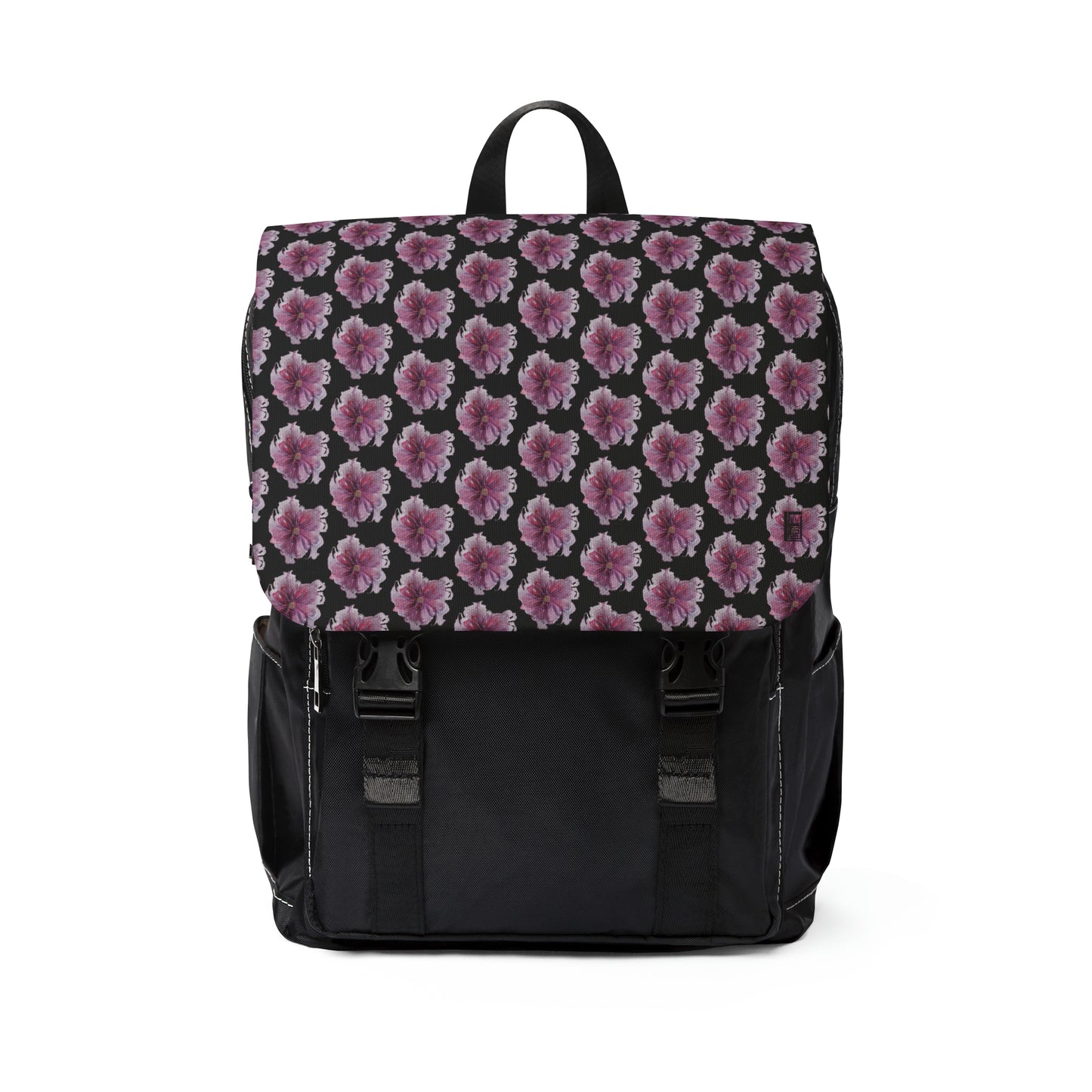 Casual Shoulder Backpack,  No. 269 Pink / Purple Flower on Black -  By Irish Artist Fiona de Lacy